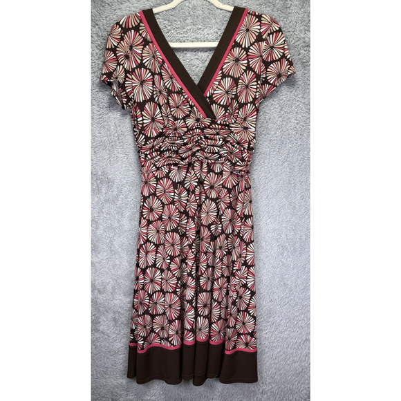 Studio 1 Midi Dress Sz 10 Medium Pink‎ Brown Retro Y2K V Neck Ruched Waist - Picture 1 of 10